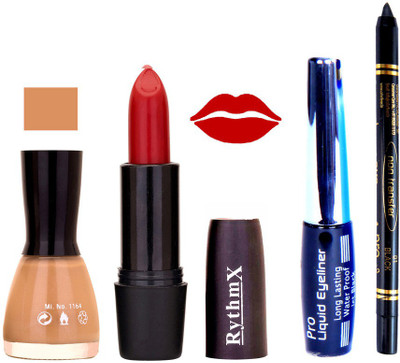 

Rythmx Musted Nail Polish Red Lipstick With Eyeliner and Pro Non Transfer Black Kajal 68119(Set of 4)