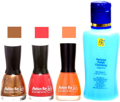 

Fashion Bar Stengthening Nail Polish Remover and Golden,Pink,Peach Shades Nail Polish 52448(Set of 4)