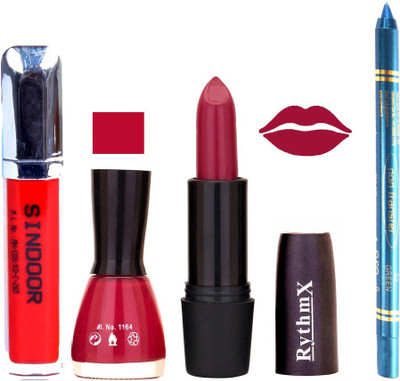 

Rythmx Rose Mauve Lipstick Loutus Pink Shade Nail Polish Sindoor and Non Pro Transfer Turquoise Blue Kajal Combo kit 9925(Set of 4)