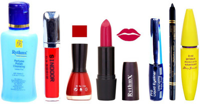 

Rythmx Bright Mazanta Lipstick Cherry Red Nail Polish Remover Eye Liner Sindoor Pro Non Transfer Black Kajal Maskara Combo Kit 2814(Set of 7)