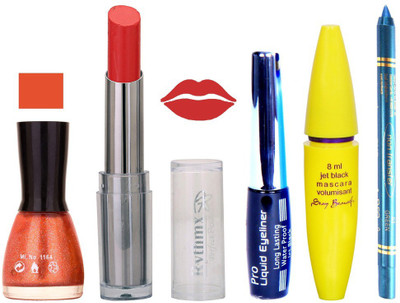 

Rythmx Intense Matte Red Delight Shade Lipstick, Glitter Orange Polish,Black Eyeliner,Mascara, And Turquoise Blue Kajal 624(Set of 5)