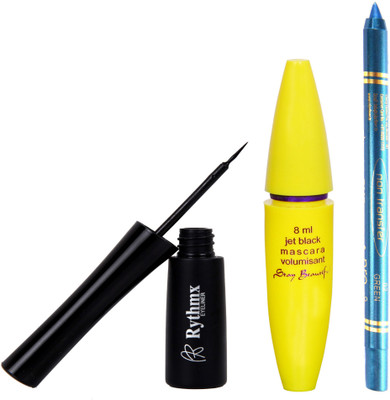 

Rythmx Glossy Liquid Zed Black Eye Liner, Water Proof Mascara, Tuquoise Blue Kajal, Pack of 3 Makeup Set(Set of 3)