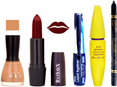 

Rythmx Maroon Lipstick Musted Nail Polish With Black EyeLiner Zed Black Kajal and Volumisant Express MasCara OO(Set of 5)