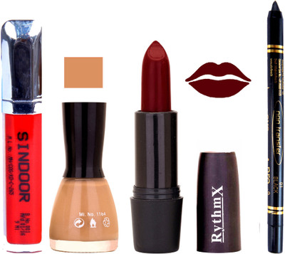 

Rythmx Maroon Lipstick Musted Nail Polish Black Non Transfer kajal Sindoor 128(Set of 4)