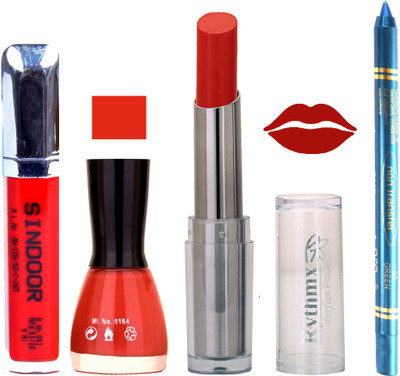 

Rythmx Lipstick Sindoor,Nail Polish,Turquois Blue Kajal Makeup Pack Combo 572(Set of 4)