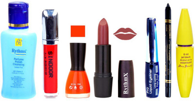 

Rythmx Gotch Brown Lipstick Orange Nail Polish Remover Eye Liner Sindoor Pro Non Transfer Black Kajal Maskara Combo Kit 2811(Set of 7)