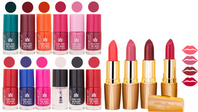 

Aroma Care 12 Piece Vibrant Color Nail Polish Combo Set With 4 Rythm Creamy Matte Lipstick Combo 80(Set of 16)