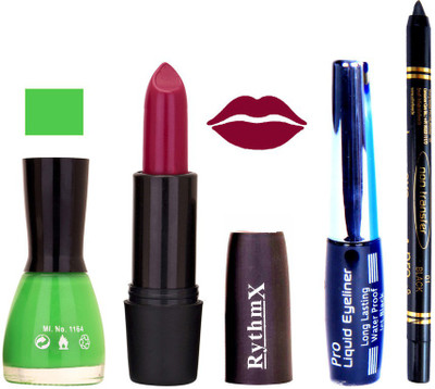 

Rythmx Parrot Green Nail Polish MAznata Mauve Lipstick With Eyeliner and Pro Non Transfer Black Kajal 68116(Set of 4)