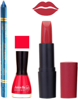 

Fashion Bar Nail Polish , otg Lipstick , Turquoise Blue Kajal Combo134(Set of 3)