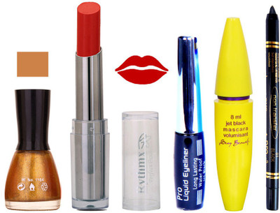 

Rythmx Intense Matte Red Shade Lipstick, Glitter Gold Nail Polish,Black Eyeliner,Mascara, And Stay On Black Kajal 7322(Set of 5)