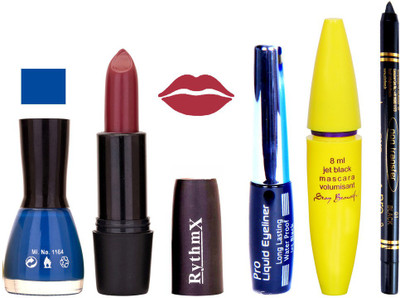 

Rythmx Mauve Lipstick Blue Nail Polish With Black EyeLiner Zed Black Kajal and Volumisant Express MasCara C(Set of 5)