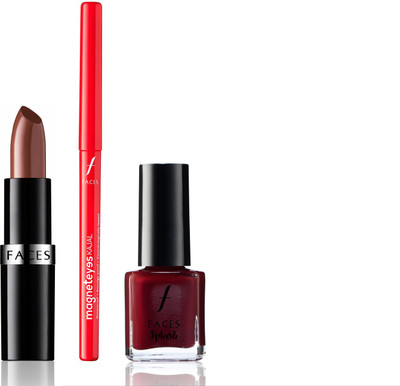 

Faces Go Chic Lipstick Cestnut Brown + Magneteyes Kajal + Splash Nail Enamel Marooned(Set of 3)