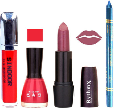 

Rythmx Shimmer Purple Lipstick Lips Pink White Shade Nail Polish Sindoor and Non Pro Transfer Turquoise Blue Kajal Combo kit 9948(Set of 4)