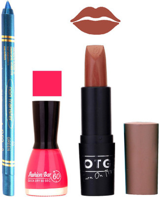 

Fashion Bar Nail Polish , otg Lipstick , Turquoise Blue Kajal Combo55(Set of 3)