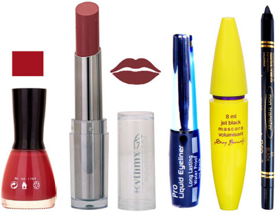 

Rythmx Intense Matte Mauvish plum Shade Lipstick, Mauve Nail Polish,Black Eyeliner,Mascara, And Stay On Black Kajal 7302(Set of 5)