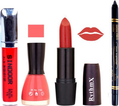 

Rythmx Glorious Red Lipstick Baby Pink Nail Polish Non Transfer Black kajal Sindoor 130(Set of 4)