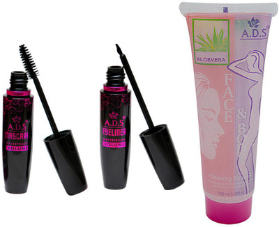 ADS 1625 Waterproof Eyeliner / Mascara / Aloe-vera Cleansing scrub gel(Set of 3)