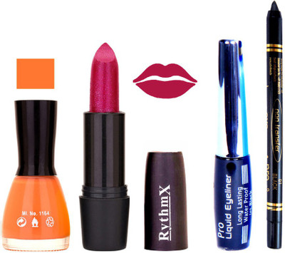

Rythmx Peach Nail Polish Mazanta Lipstick With Eyeliner and Pro Non Transfer Black Kajal 68118(Set of 4)