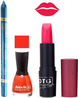 

Fashion Bar Nail Polish , otg Lipstick , Turquoise Blue Kajal Combo90(Set of 3)