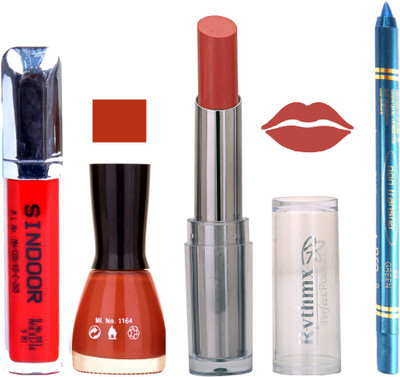 

Rythmx Lipstick Sindoor,Nail Polish,Turquois Blue Kajal Makeup Pack Combo 594(Set of 4)