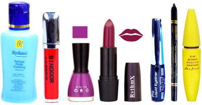 

Rythmx Mauve Lipstick Purple Nail Polish Remover Eye Liner Sindoor Pro Non Transfer Black Kajal Maskara Combo Kit 2858(Set of 7)