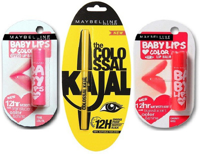 

Maybelline The Colossal Kajal 0.35 g(Black),Baby Lips Pink Lolita(4 g)& Baby Lips Cherry Kiss (SPF20)(Set of 3)