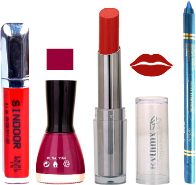 

Rythmx Lipstick Sindoor,Nail Polish,Turquois Blue Kajal Makeup Pack Combo 571(Set of 4)