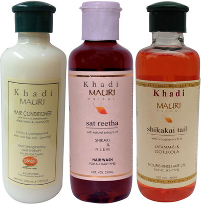 

Khadi Mauri Herbal Hair Conditioner Satreetha Shampoo & Shikakai Oil Combo Pack of 3 Ayurvedic Natural 210 ml each(Set of 3)