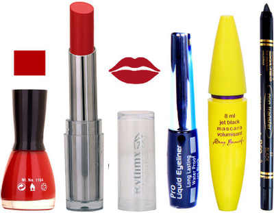 

Rythmx Intense Matte Reviving red Shade Lipstick, Red Nail Polish,Black Eyeliner,Mascara, And Stay On Black Kajal 7300(Set of 5)