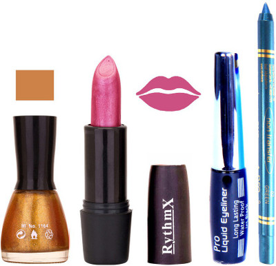 

Rythmx Glitter Golden Nail Polish Shimmer Maznata Lipstick With Eyeliner and Pro Non Transfer Blue Kajal 580133(Set of 4)
