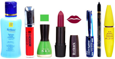 

Rythmx Mauve Lipstick Parrot Green Nail Polish Remover Eye Liner Sindoor Pro Non Transfer Black Kajal Maskara Combo Kit 2857(Set of 7)