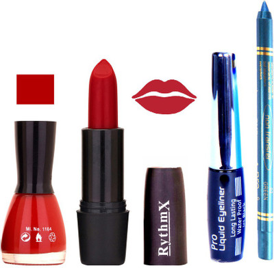 

Rythmx Cherry Red Nail Polish Rose Red Lipstick With Eyeliner and Pro Non Transfer Blue Kajal 580103(Set of 4)