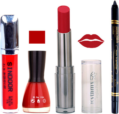 

Rythmx Lipstick Sindoor,Nail Polish,Black Kajal Makeup Pack Combo 664(Set of 4)