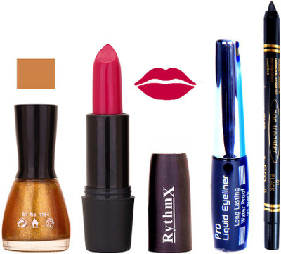 

Rythmx Glitter gold Nail PolishBright Mazanta Lipstick With Eyeliner and Pro Non Transfer Black Kajal 68110(Set of 4)