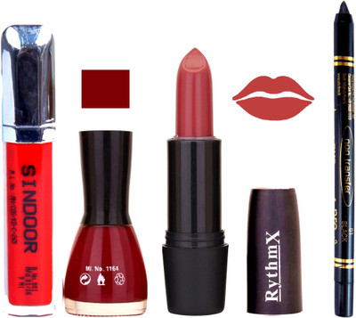 

Rythmx Gajri Pink Lipstick Maroon Nail Polish Non Transfer Black kajal Sindoor 170(Set of 4)