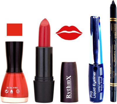 

Rythmx Orangy Brown Nail Polish Marry Red Lipstick With Eyeliner and Pro Non Transfer Black Kajal 68099(Set of 4)