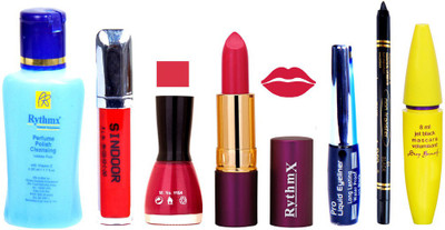 

Rythmx Lipstick ,Polish Remover, Sindoor, Nail Polish,EyeLiner,Black Kajal, Mascara, Makeup kit Combo 14098(Set of 7)
