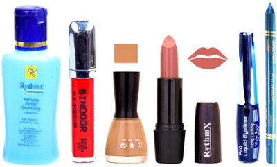 

Rythmx Rich Browny PurpleLipstick Musted Nail Polish Remover Eye Liner Sindoor Turquoise Blue Kajal Combo Kit 8944(Set of 6)