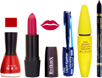 

Rythmx Bright Mazanta Lipstick Cherry Red Nail Polish With Black EyeLiner Zed Black Kajal and Volumisant Express MasCara H(Set of 5)