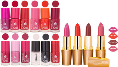 

Aroma Care 12 Piece Vibrant Color Nail Polish Combo Set With 4 Rythm Creamy Matte Lipstick Combo 162(Set of 16)