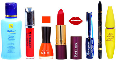 

Rythmx Lipstick ,Polish Remover, Sindoor, Nail Polish,EyeLiner,Black Kajal, Mascara, Makeup kit Combo 14072(Set of 7)