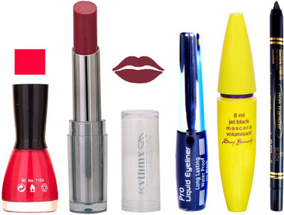 

Rythmx Intense Matte Burgundy Shade Lipstick, Hot Pink Nail Polish,Black Eyeliner,Mascara, And Stay On Black Kajal 7338(Set of 5)