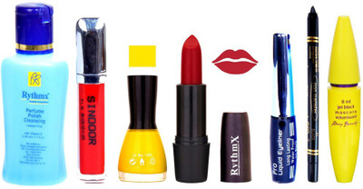 

Rythmx Rose Red Lipstick Yellow Nail Polish Remover Eye Liner Sindoor Pro Non Transfer Black Kajal Maskara Combo Kit 2804(Set of 7)