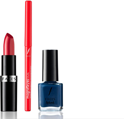 

Faces Go Chic Lipstick Two Timing + Magneteyes Kajal+ Splash Nail Enamel Ultramarine Blue(Set of 3)
