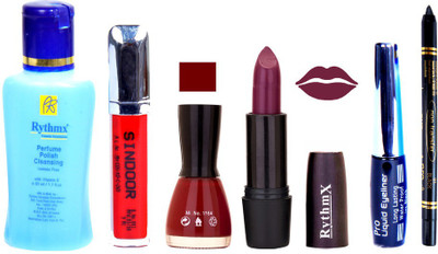 

Rythmx Jamuni Lipstick Maroon Nail Polish Remover Eye Liner Sindoor Black Kajal Combo Kit 9836(Set of 6)
