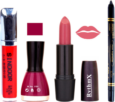 

Rythmx Rich Pink Lipstick Mauve Mazanta Nail Polish Non Transfer Black kajal Sindoor 142(Set of 4)
