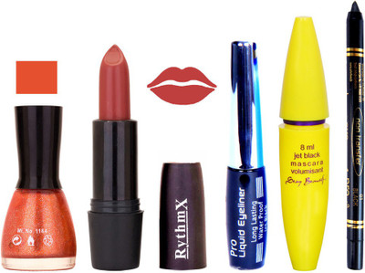 

Rythmx Pinkish Peach Lipstick Glitter Orange Nail Polish With Black EyeLiner Zed Black Kajal and Volumisant Express MasCara BB(Set of 5)