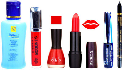 

Rythmx Orange Lipstick Glowing Red Nail Polish Remover Eye Liner Sindoor Black Kajal Combo Kit 9831(Set of 6)