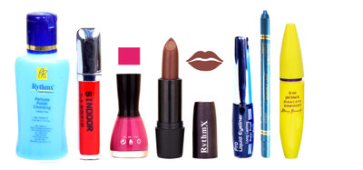 

Rythmx Chaclaty Brown Lipstick Voilet Purple Nail Polish Remover Skinny Liquid EyeLiner Sindoor Pro Non Transfer Turquoise Blue Kajal Bold Look Maskara Color Fever Kit 6866(Set of 7)