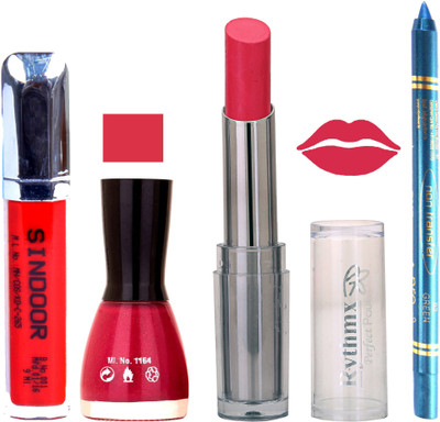 

Rythmx Lipstick Sindoor,Nail Polish,Turquois Blue Kajal Makeup Pack Combo 579(Set of 4)